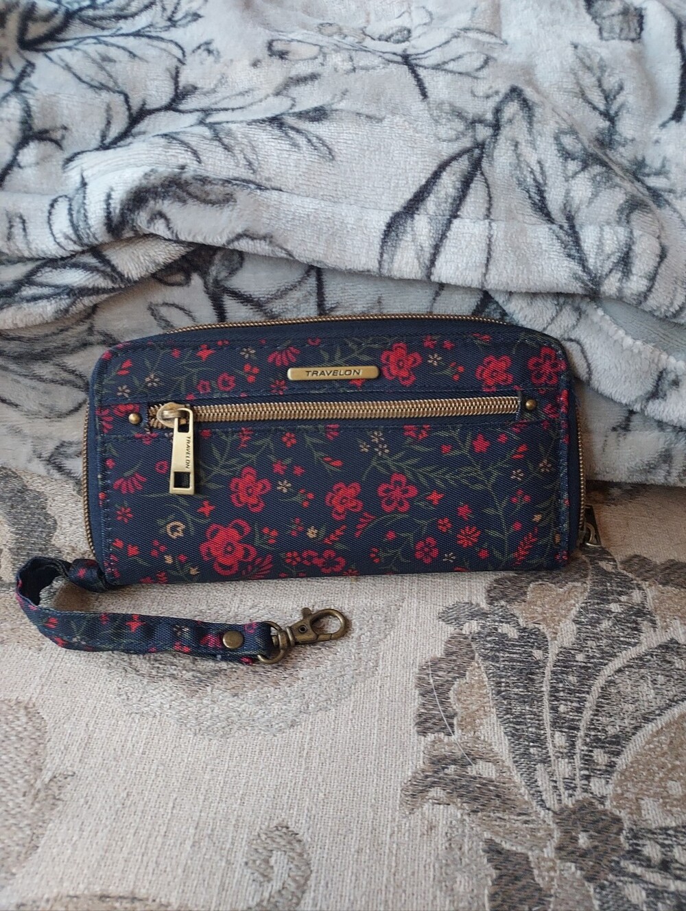 Travelon Navy Zip-Around Wallet with Red Floral Pattern